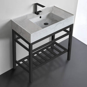 Modern Marble Design Ceramic Console Sink and Matte Black Base, 32"