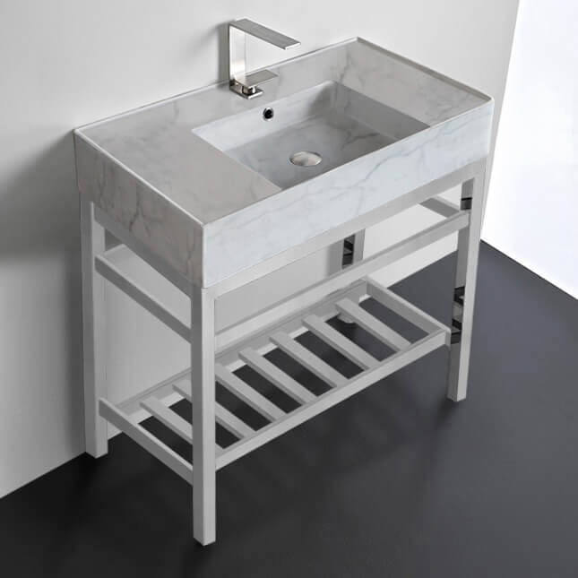 Modern Marble Design Ceramic Console Sink and Polished Chrome Base, 32"