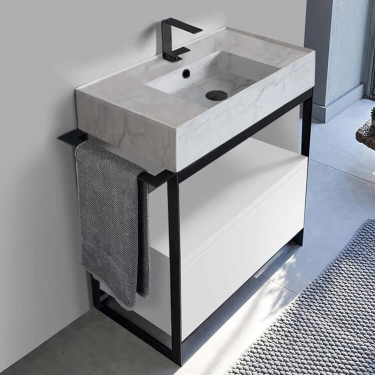 Console Sink Vanity With Marble Design Ceramic Sink and Glossy White Drawer, 35"