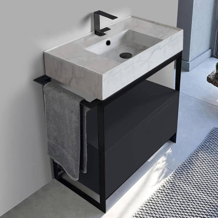 Console Sink Vanity With Marble Design Ceramic Sink and Matte Black Drawer, 35"