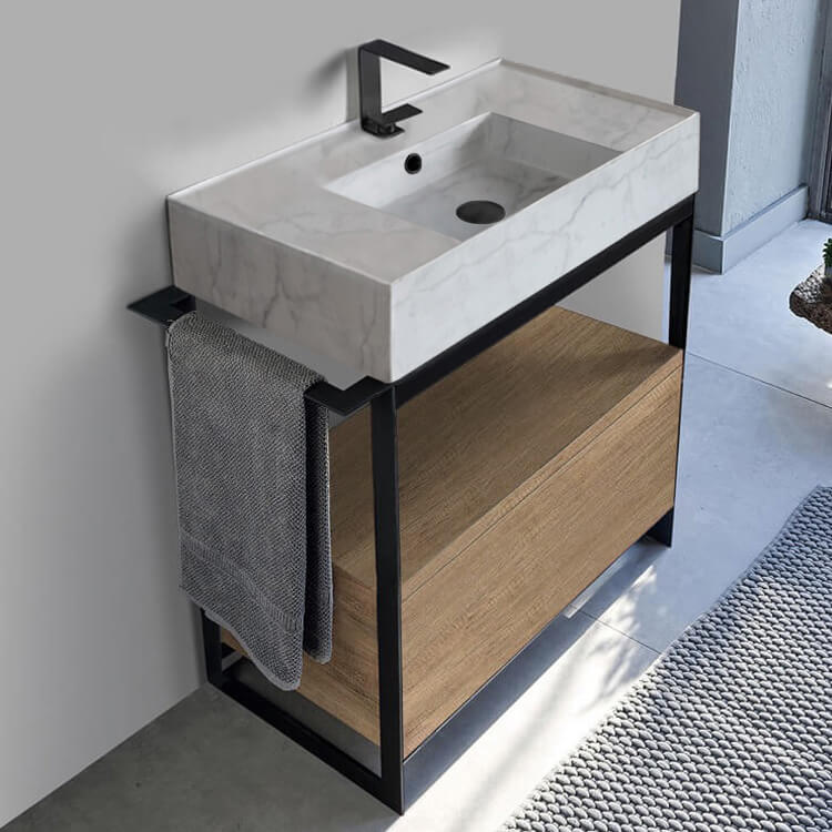 Console Sink Vanity With Marble Design Ceramic Sink and Natural Brown Oak Drawer, 35"