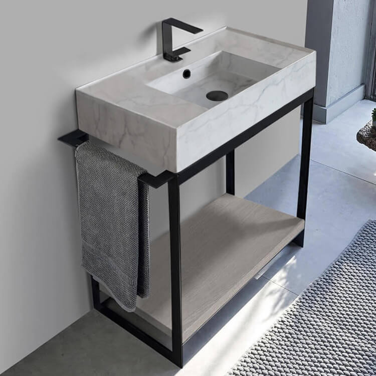 Console Sink Vanity With Marble Design Ceramic Sink and Grey Oak Shelf, 35"