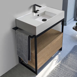 Console Sink Vanity With Ceramic Sink and Natural Brown Oak Drawer, 35"