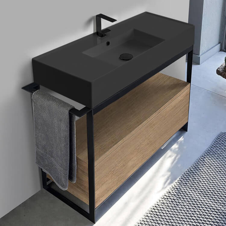 Console Sink Vanity With Matte Black Ceramic Sink and Natural Brown Oak Drawer, 43"