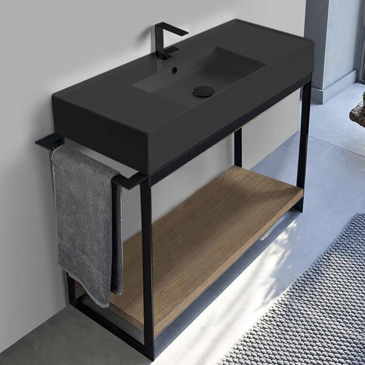 Console Sink Vanity With Matte Black Ceramic Sink and Natural Brown Oak Shelf, 43"