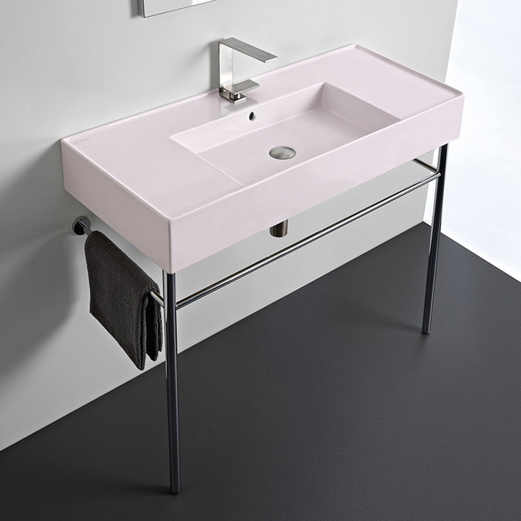 Pink Console Sink With Chrome Base, Modern, 40"