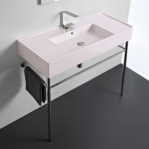 Pink Console Sink With Chrome Base, Modern, 40"