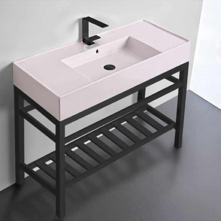 Pink Console Sink With Matte Black Base, Modern, 40"
