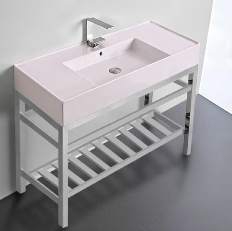 Pink Console Sink With Chrome Base, Modern, 40"