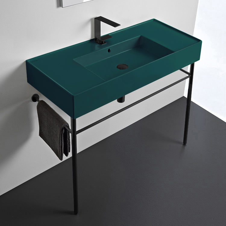 Green Console Sink With Matte Black Base, Modern, 40"