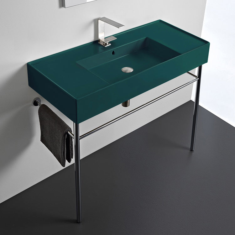 Green Console Sink With Chrome Base, Modern, 40"