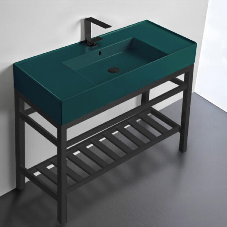 Green Console Sink With Matte Black Base, Modern, 40"