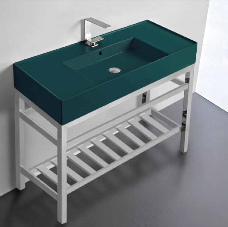 Green Console Sink With Chrome Base, Modern, 40"