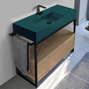 Green Sink Bathroom Vanity, Floor Standing, Natural Brown Oak, Modern, 43"