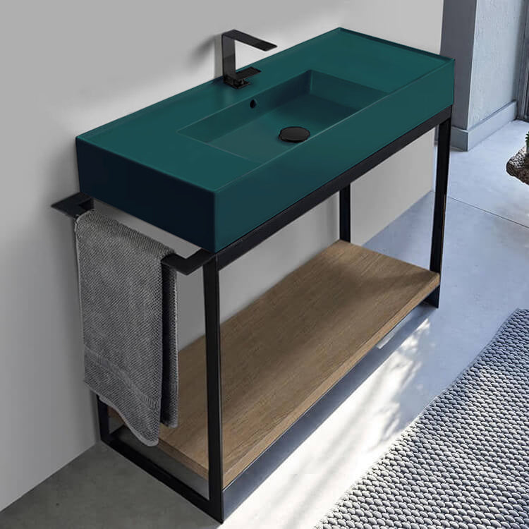 Green Sink Bathroom Vanity, Floor Standing, Natural Brown Oak, Modern, 43"