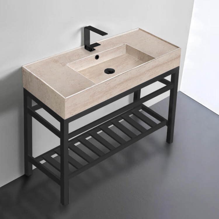 Modern Beige Travertine Design Ceramic Console Sink and Matte Black Base, 40"