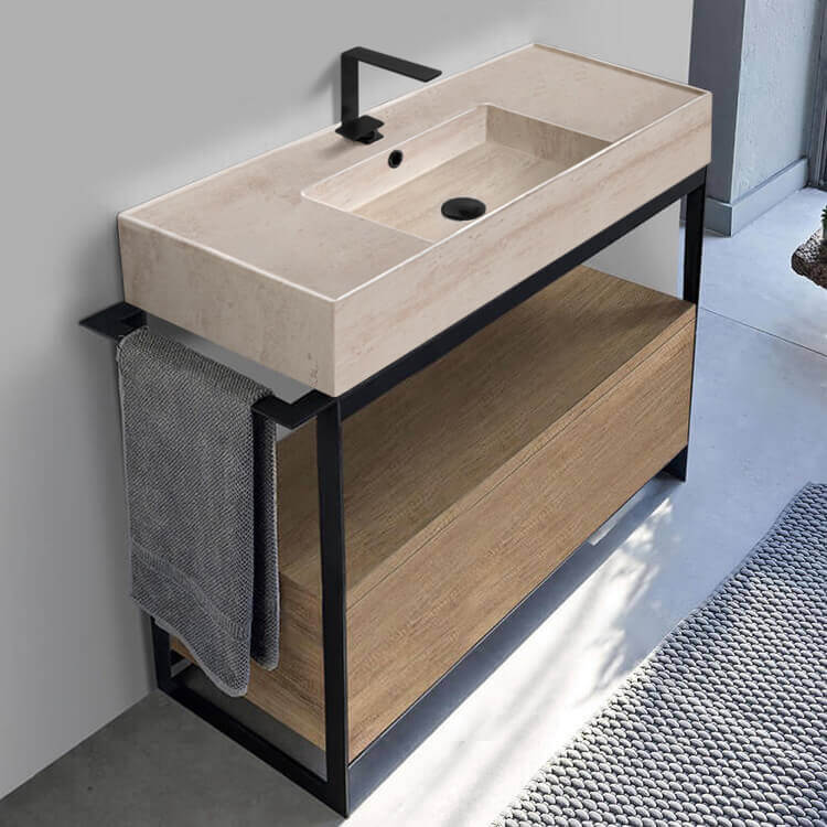 Console Sink Vanity With Beige Travertine Design Ceramic Sink and Natural Brown Oak Drawer, 43"