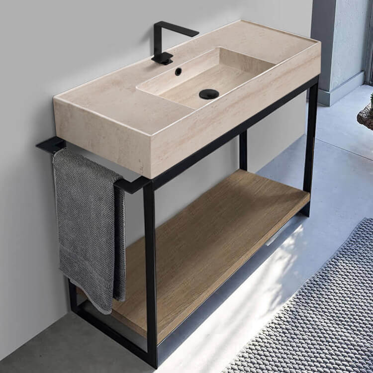 Console Sink Vanity With Beige Travertine Design Ceramic Sink and Natural Brown Oak Shelf, 43"