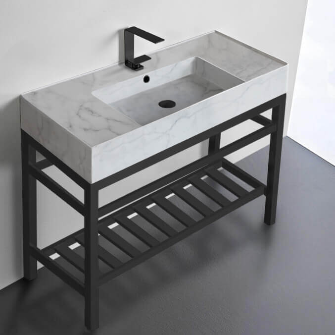 Modern Marble Design Ceramic Console Sink and Matte Black Base, 40"