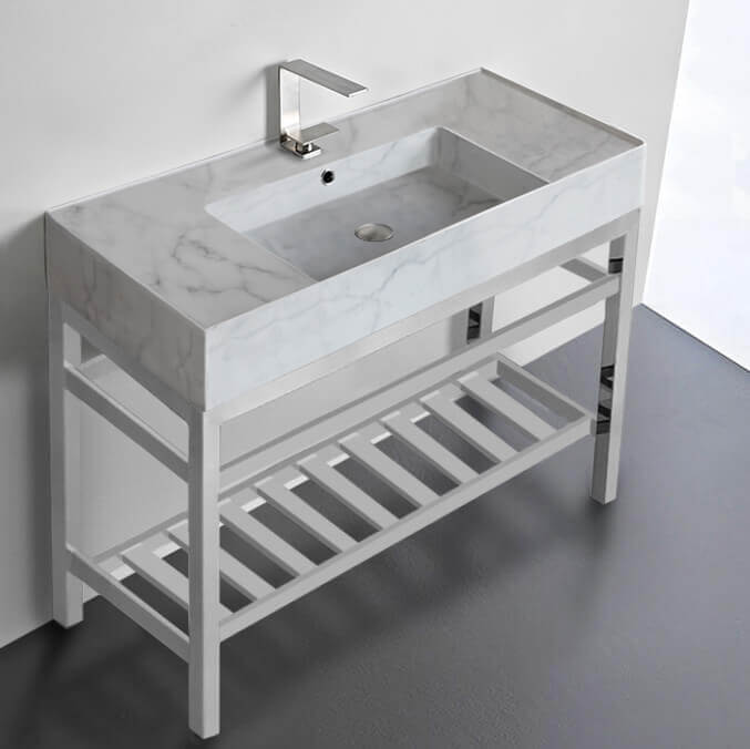 Modern Marble Design Ceramic Console Sink and Polished Chrome Base, 40"