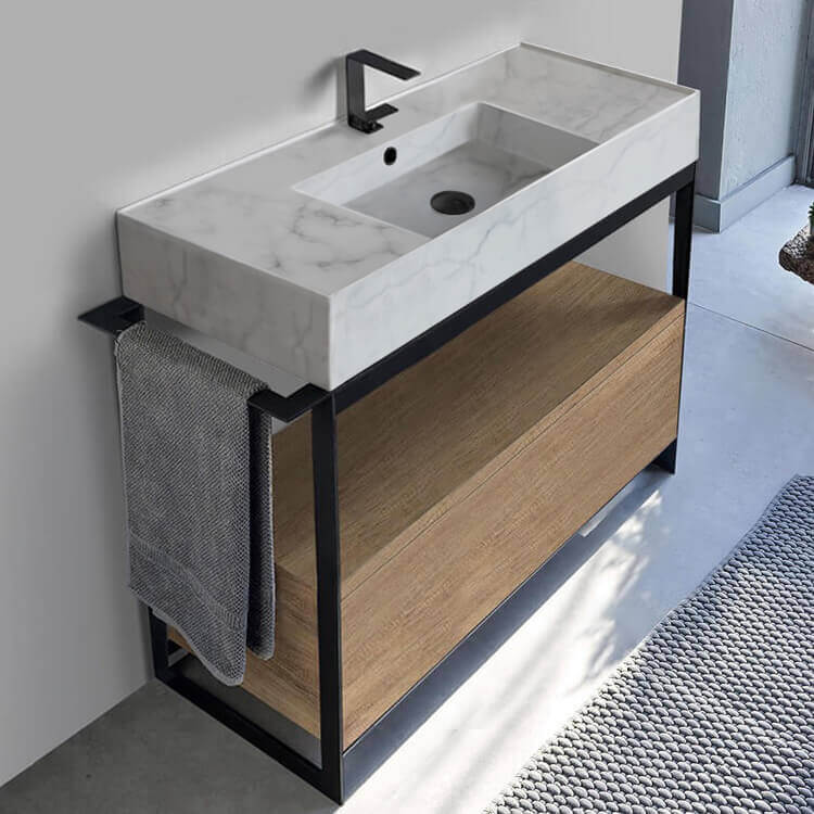 Console Sink Vanity With Marble Design Ceramic Sink and Natural Brown Oak Drawer, 43"