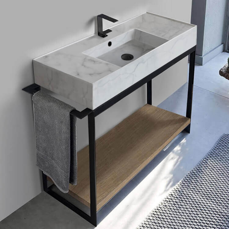 Console Sink Vanity With Marble Design Ceramic Sink and Natural Brown Oak Shelf, 43"
