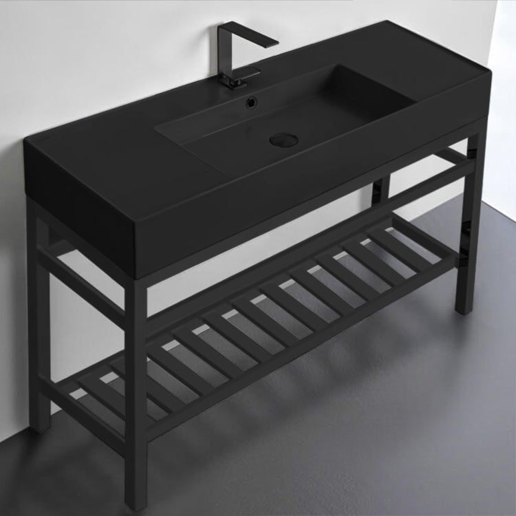 Modern Matte Black Ceramic Console Sink and Matte Black Base, 48"