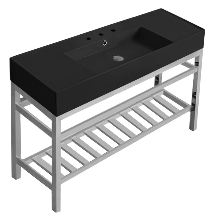 Modern Matte Black Ceramic Console Sink and Polished Chrome Base, 48"