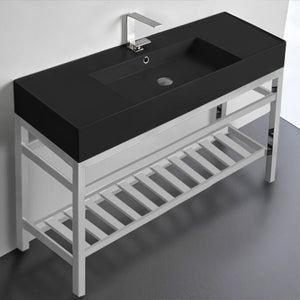 Modern Matte Black Ceramic Console Sink and Polished Chrome Base, 48"