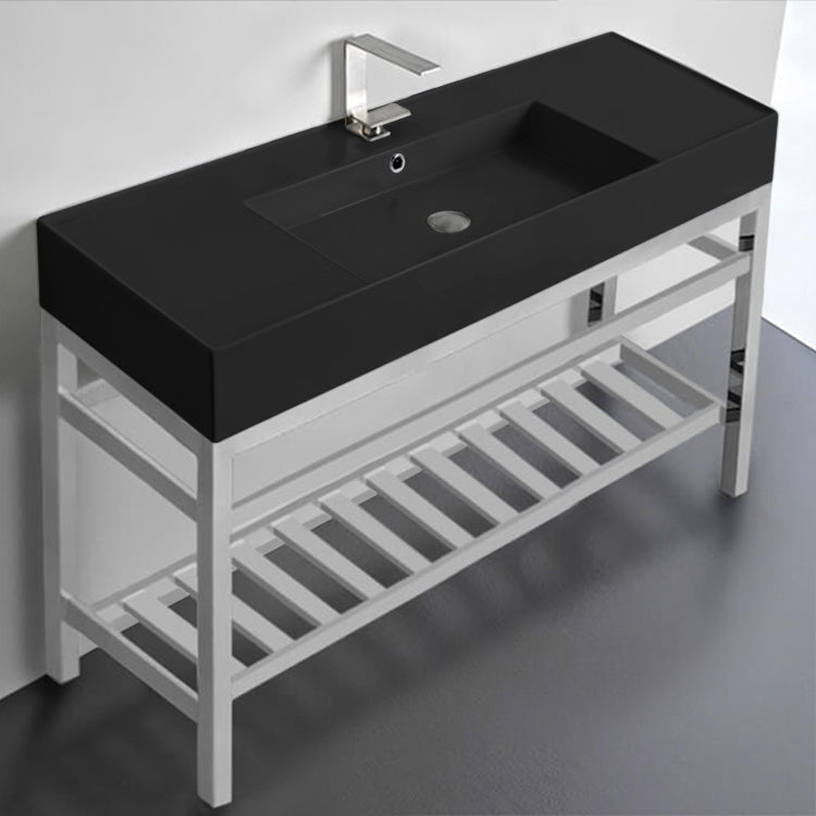 Modern Matte Black Ceramic Console Sink and Polished Chrome Base, 48"