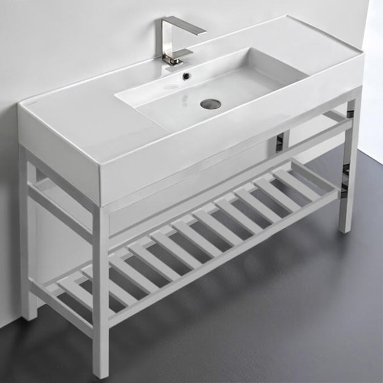 Modern Ceramic Console Sink and Polished Chrome Base, 48"