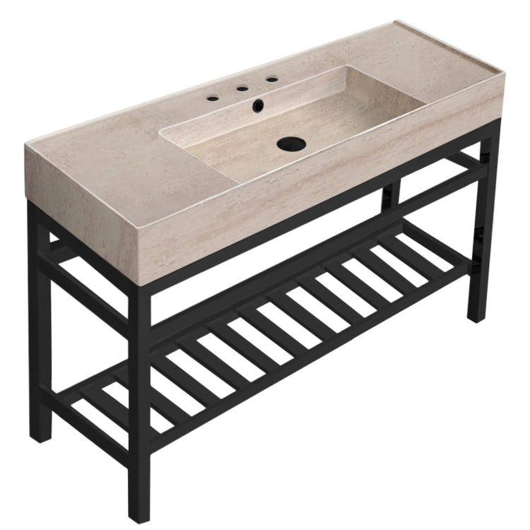 Modern Beige Travertine Design Ceramic Console Sink and Matte Black Base, 48"