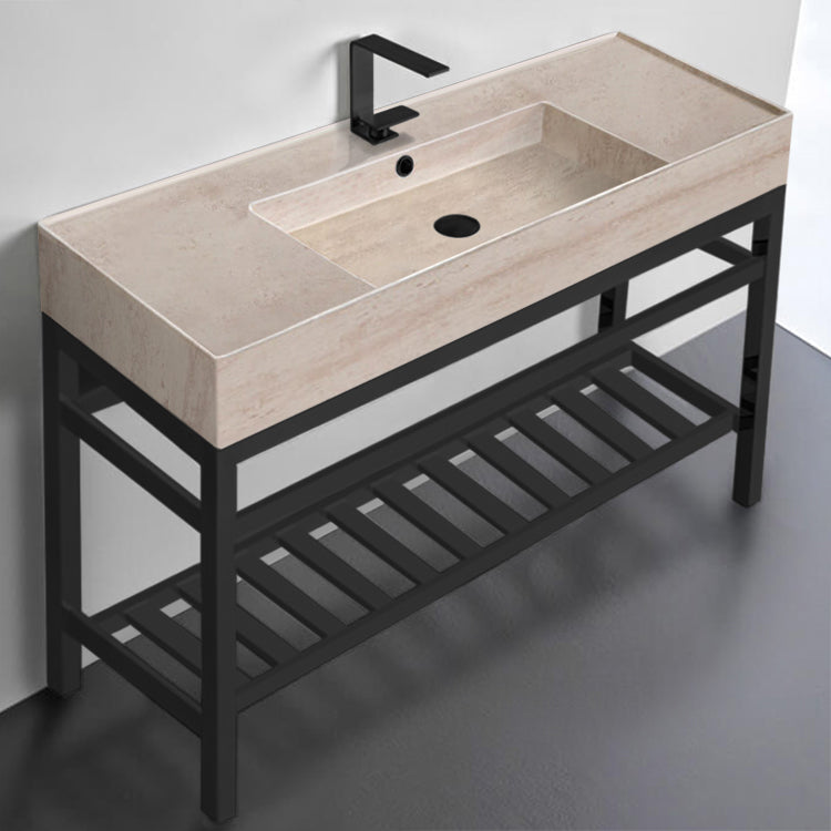 Modern Beige Travertine Design Ceramic Console Sink and Matte Black Base, 48"