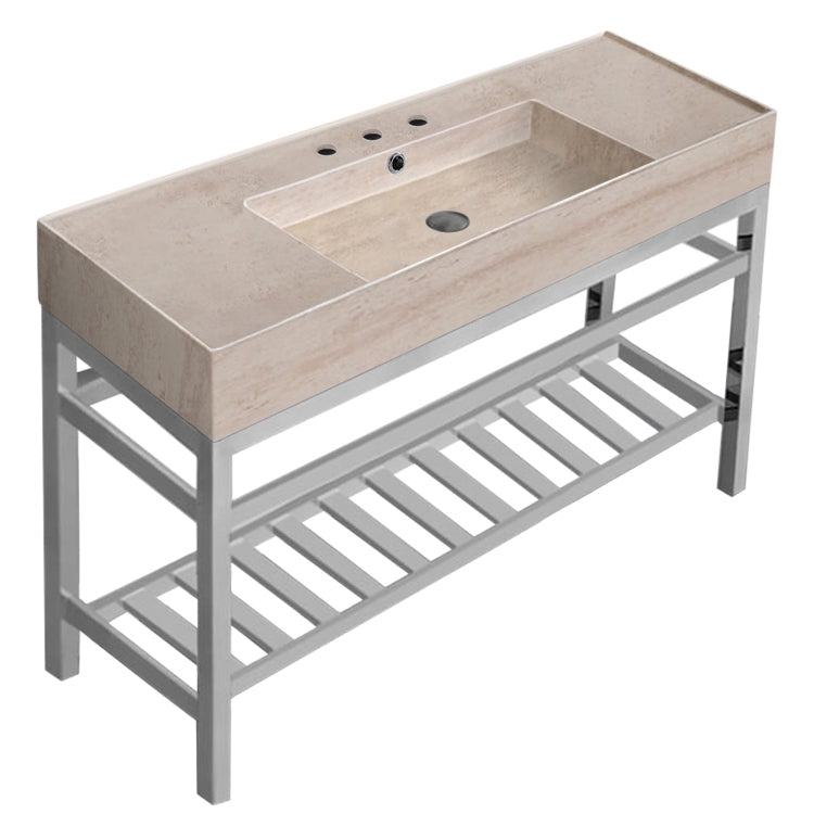 Modern Beige Travertine Design Ceramic Console Sink and Polished Chrome Base, 48"