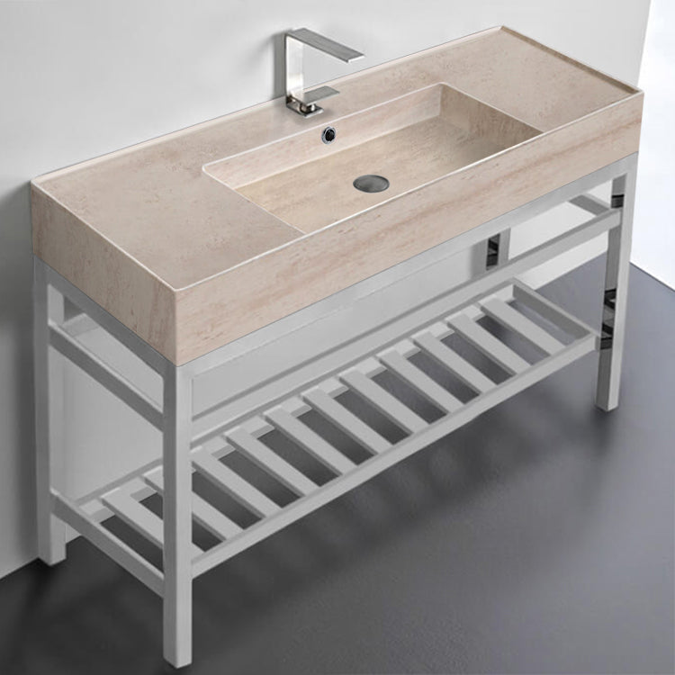 Modern Beige Travertine Design Ceramic Console Sink and Polished Chrome Base, 48"