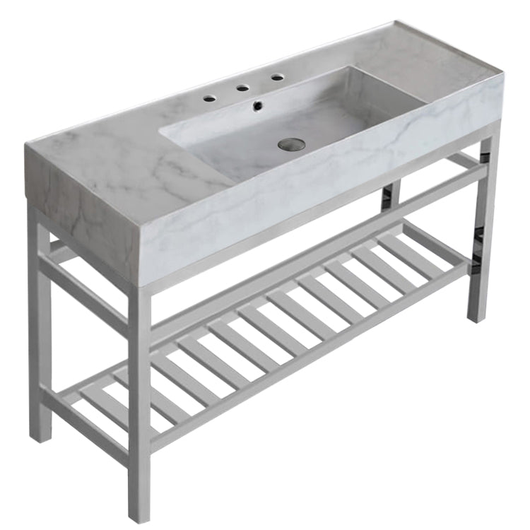 Modern Marble Design Ceramic Console Sink and Polished Chrome Base, 48"