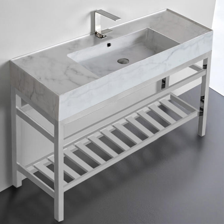 Modern Marble Design Ceramic Console Sink and Polished Chrome Base, 48"