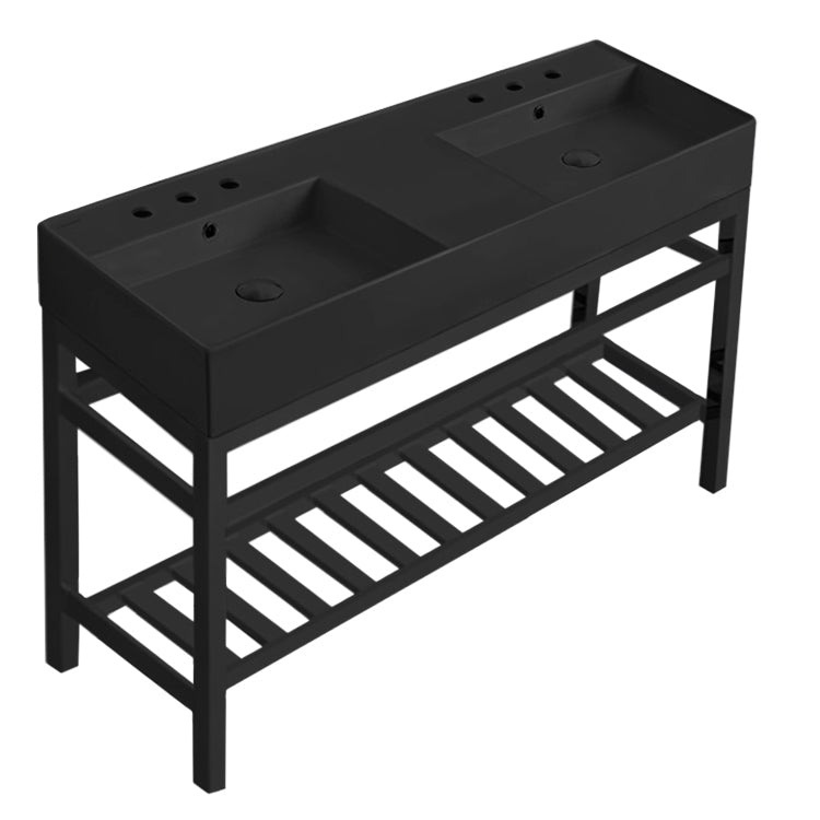 Matte Black Double Ceramic Console Sink and Matte Black Base, 48"