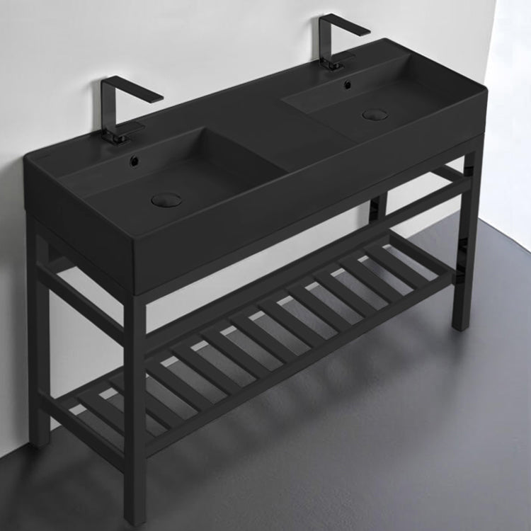 Matte Black Double Ceramic Console Sink and Matte Black Base, 48"