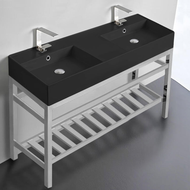 Matte Black Double Ceramic Console Sink and Polished Chrome Base, 48"