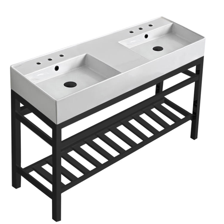 Double Ceramic Console Sink and Matte Black Base, 48"