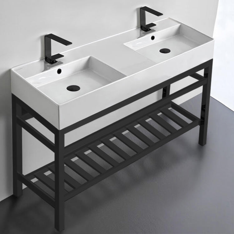 Double Ceramic Console Sink and Matte Black Base, 48"