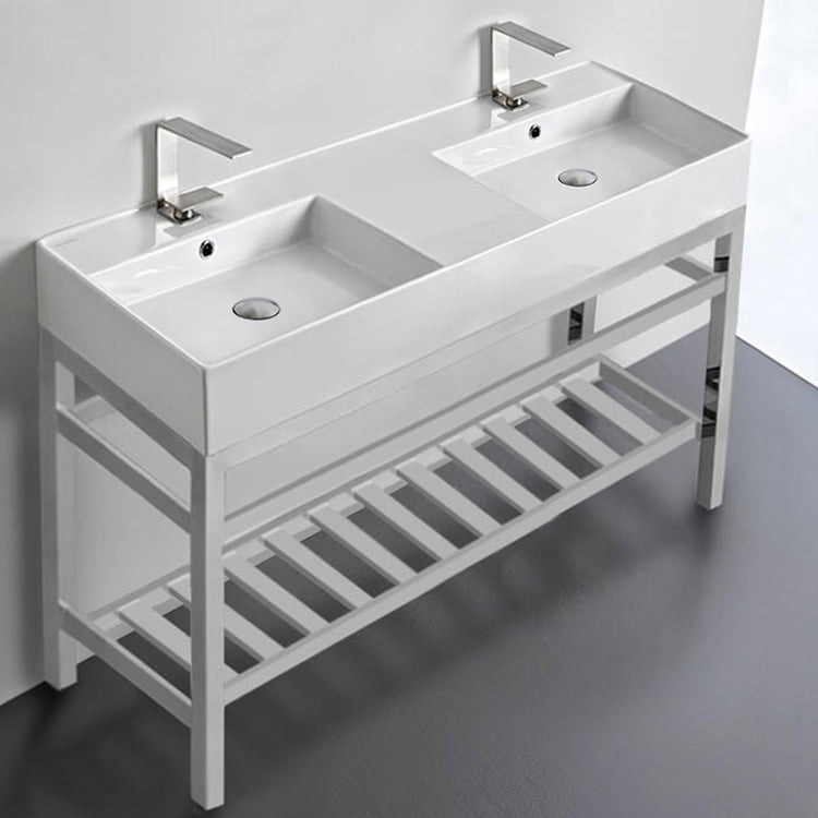 Double Ceramic Console Sink and Polished Chrome Base, 48"