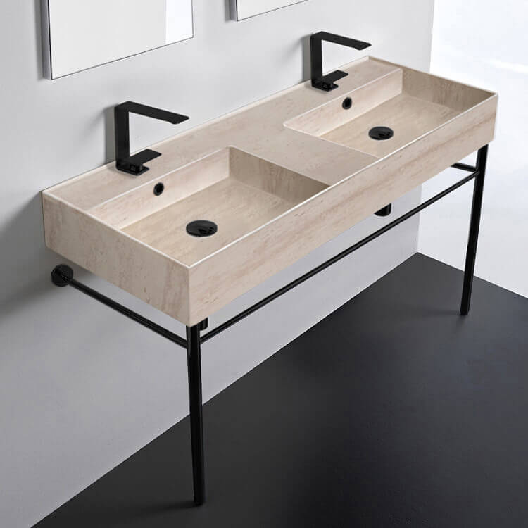 Beige Travertine Design Ceramic Console Double Sink With Matte Black Stand, 48"