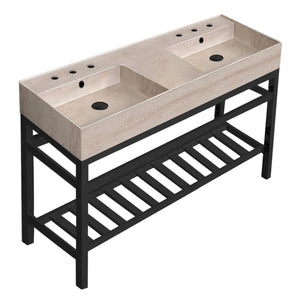 Beige Travertine Design Double Ceramic Console Sink and Matte Black Base, 48"