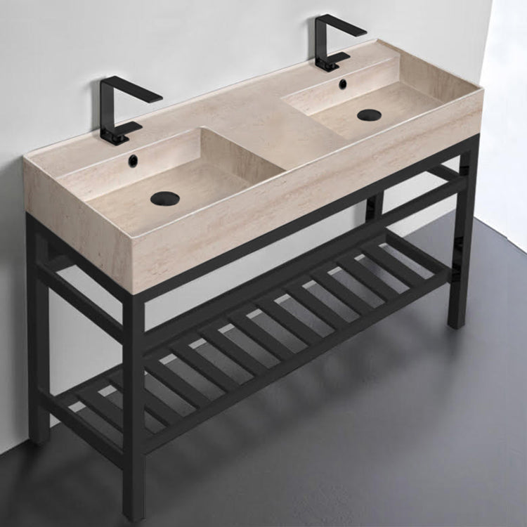 Beige Travertine Design Double Ceramic Console Sink and Matte Black Base, 48"