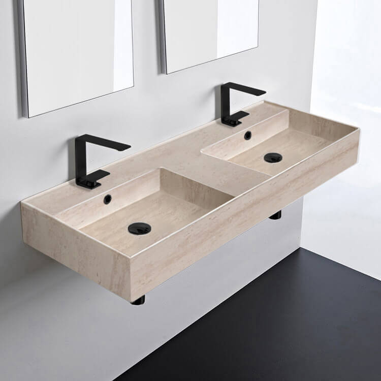 Beige Travertine Design Ceramic Wall Mounted or Vessel Double Sink With Counter Space