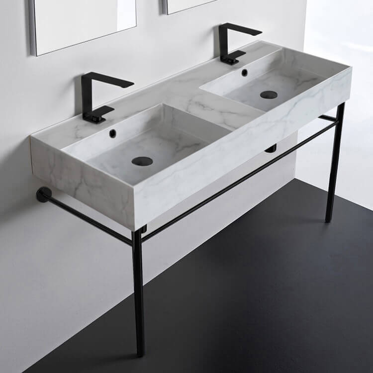 Marble Design Ceramic Console Double Sink With Matte Black Stand, 48"