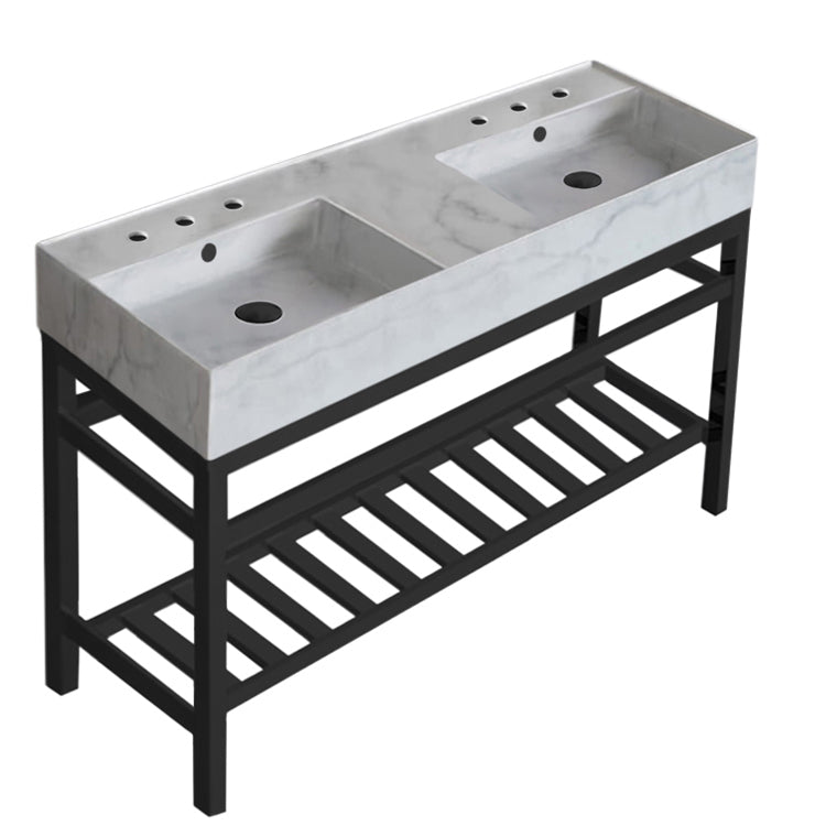 Marble Design Double Ceramic Console Sink and Matte Black Base, 48"