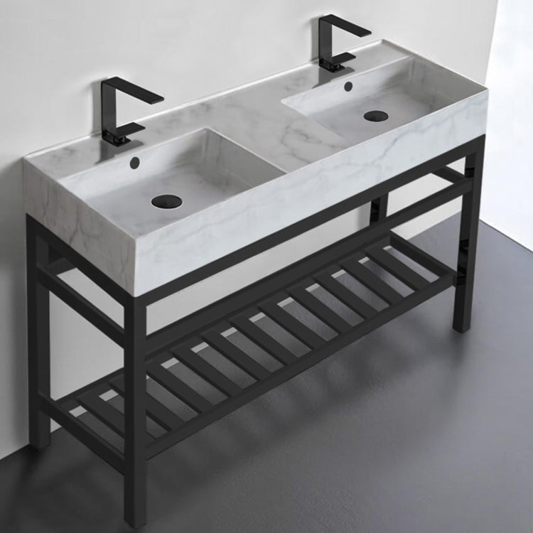 Marble Design Double Ceramic Console Sink and Matte Black Base, 48"